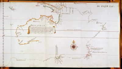 Karte von Neu-Holland, jetzt Australien, und Neuseeland, gezeichnet aus Informationen, die während der Reisen von Abel Janszoon Tasman (1603-1659) und Willem Janszoon (1570-1630) gesammelt wurden von Dutch School