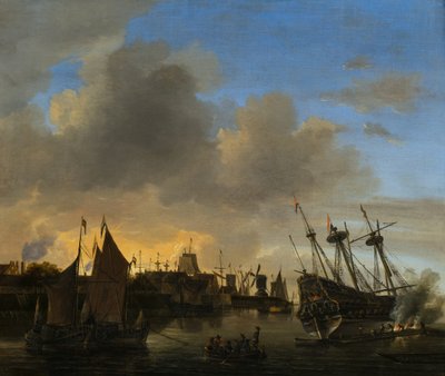 Zahlreiche Schiffe in einem niederländischen Hafen von Dutch School