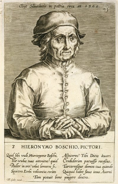 Porträt von Hieronymus Bosch (ca. 1450-1516) Tafel 3 aus einer Serie von Künstlerporträts, graviert von Theodor Galle (1571-1633) von Dutch School