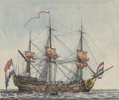 Schiff der Niederländischen Ostindien-Kompanie (kolorierte Gravur) von Dutch School