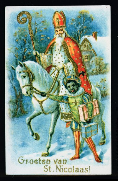 St. Nikolaus und ein schwarzer Helfer, um 1890, niederländische Karte von Dutch School