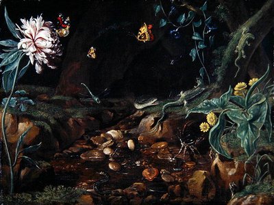 Bach in einer Schlucht mit Blumen und Reptilien von Dutch School