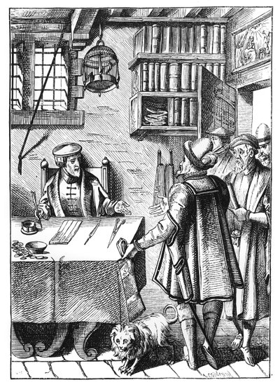Der Steuereinnehmer, nach einem Holzschnitt in Praxis Rerum Civilium von Joos de Damhouder (1507-81) veröffentlicht in Antwerpen, 1557 von Dutch School