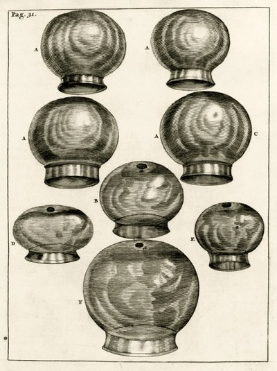 Verschiedene Schröpfgläser, aus Exercitationes Practicae circa Medendi Methodum von Frederik Dekkers, 1694 von Dutch School