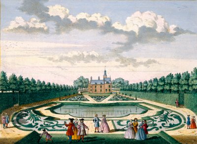 Blick auf das Haus Adrichem mit dem Garten und dem großen Teich, aus Het Zeganpralent Kennemerlant von Hendrick de Leth und Matthias Brouerius Van Nidek, veröffentlicht um 1700-1730 von Dutch School
