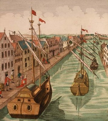 Ansicht des Kettel-Tors in Delft, Detail der Schiffe im Hafenkanal (Detail) von Dutch School