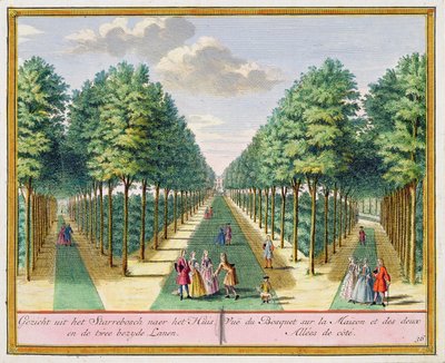 Blick vom Wald zum Haus und den beiden Seitenalleen, Watervliet, aus Het Zegenpralent Kennemerlant, von Hendrick de Leth und Matthias Brouerius Van Nidek, veröffentlicht ca. 1700-1730 von Dutch School