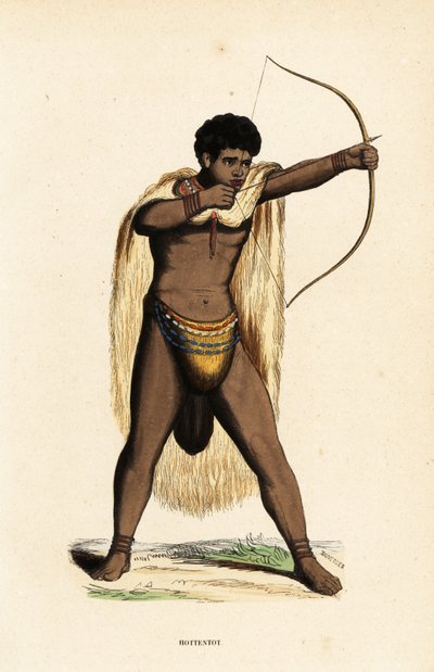 Khoikhoi-Mann in Tierhautumhang, Perlen-Lendenschurz, mit Bogen und Pfeil von Duverger Duverger