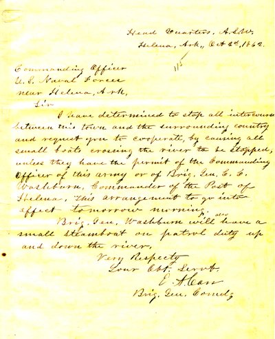 Brief von E. A. Carr, Helena, Arkansas, an den kommandierenden Offizier der U. S. Naval Forces in der Nähe von Helena, Arkansas, 2. Oktober 1862 von E.A. Carr