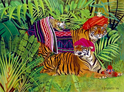 Tigerfamilie mit thailändischer Kleidung, 2004 von E.B. Watts