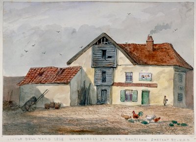 Blick auf Little Bell Yard, Whitecross Street, mit Hühnern im Vordergrund, London von EH Davies