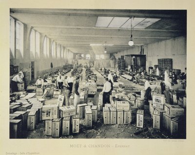 Verpackungskisten für den Versand, aus La France Vinicole, veröffentlicht von Moet & Chandon, Epernay (Fotolitho) von E.M. Choque