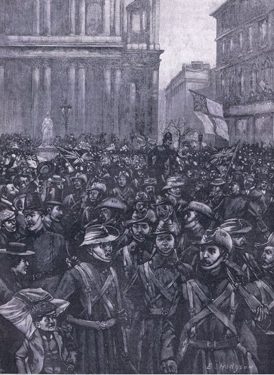 Die CIVs marschieren den Ludgate Hill hinunter, auf dem Weg zum Masion House zum Waterloo-Bahnhof, Illustration aus Cassells Geschichte Englands, 1900er Jahre von E.S. Hodgson