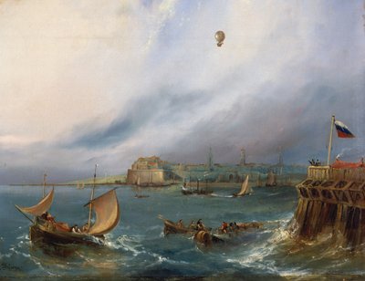 Die erste Ballonüberquerung des Ärmelkanals, 7. Januar 1785, ca. 1840 von E.W. Cocks