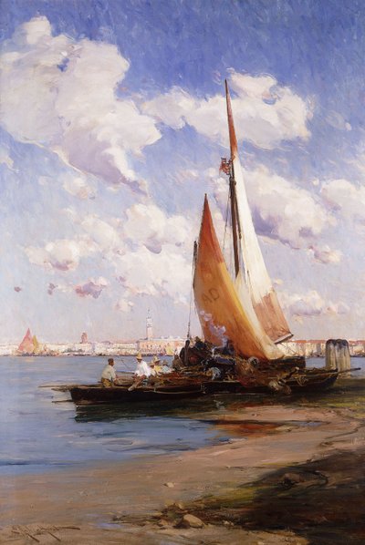 Fischerboote mit der Rivere degli Schiavoni, Venedig, im Hintergrund von E. Aubrey Hunt