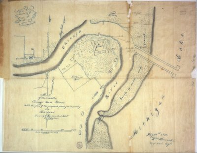 Karte der Mündung des Chicago River, Illinois mit dem Plan der vorgeschlagenen Piers zur Verbesserung des Hafens, 1830 von E. Harrison