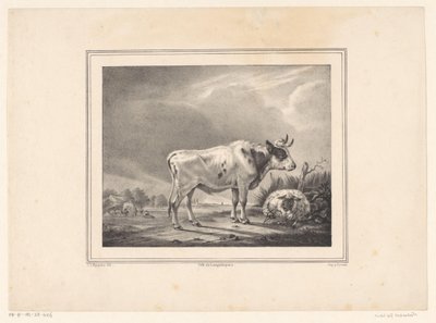 Stehende Kuh und liegendes Schaf in Landschaft von E. L. Huygens (possibly)