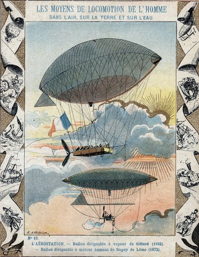 Luftschiff erfunden von Henri Giffard im Jahr 1852 und Navigierbares Luftschiff erfunden von Dupuy de Lome im Jahr 1872 - Schutzumschlag für Schulbücher, Ende des 19. Jahrhunderts - Luftschiff von Henry Giffard (1825-1882) 1852 und der Ballon haubanne von  von E. Letellier