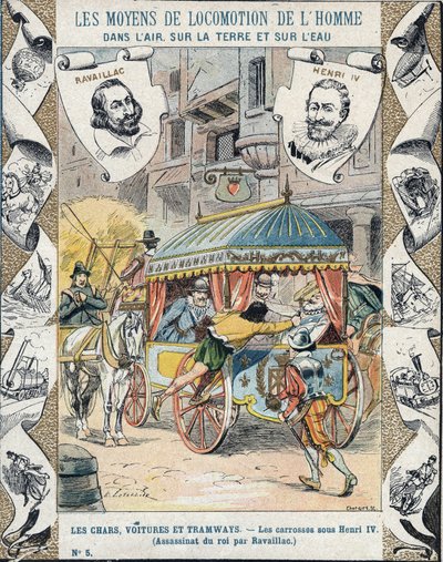 Ermordung von Heinrich IV. durch Francois Ravaillac in der Rue de la Ferronerie am 14. Mai 1610 - Aus einem Schutzumschlag für Schulbücher, Ende des 19. Jahrhunderts - Tod von Heinrich IV.: Ermordung von Heinrich IV. (1553 - 1610) am 14. Mai 1610 durch Fra von E. Letellier