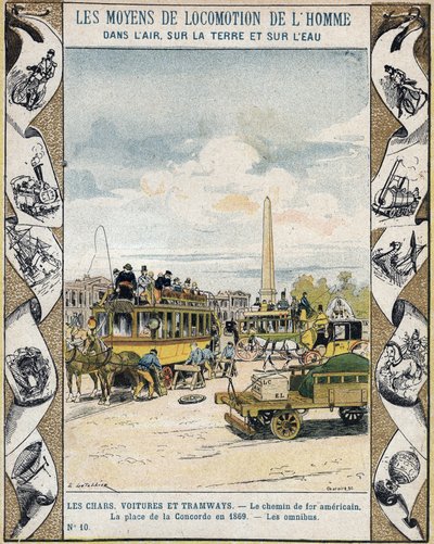 Verkehr auf der Place de la Concorde in Paris im Jahr 1869: Pferdeomnibus und „chemin de fer américain“ (Straßenbahnlinie) - Aus einem Schutzumschlag für Schulbücher, Ende des 19. Jahrhunderts von E. Letellier