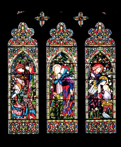 Die Verkündigung, der Besuch und die Geburt Christi, hergestellt von Lavers und Barraud, 1860 von E. and Halliday, M. F. Burne Jones