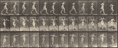 Überqueren eines Baches auf Trittsteinen mit Angelrute und Dose, 1887 von Eadweard Muybridge