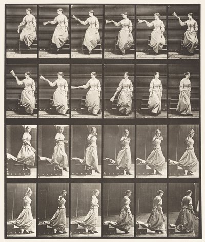 Platte 140. Treppen hinuntergehen, Umschauen und Fächern von Eadweard Muybridge