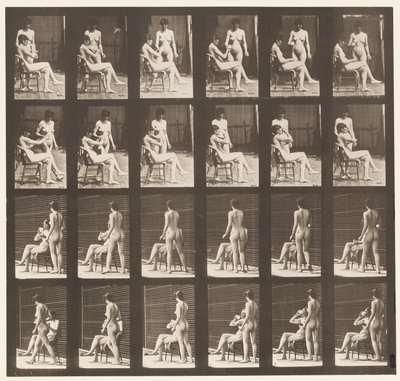 Tafel 451. Zwei Modelle, 8 bringt eine Tasse Tee, 1 nimmt die Tasse und trinkt, 1872-1885 von Eadweard Muybridge