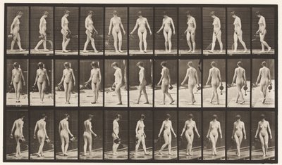 Tafel 51. Gehen und sich umdrehen, Gießkanne benutzen, 1872-1885 von Eadweard Muybridge