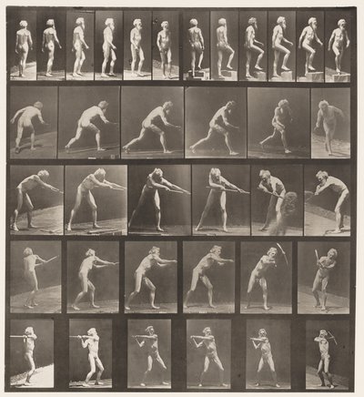 Tafel 521. A, Gehen; B, Stufe hinaufsteigen; C, Diskus werfen von Eadweard Muybridge