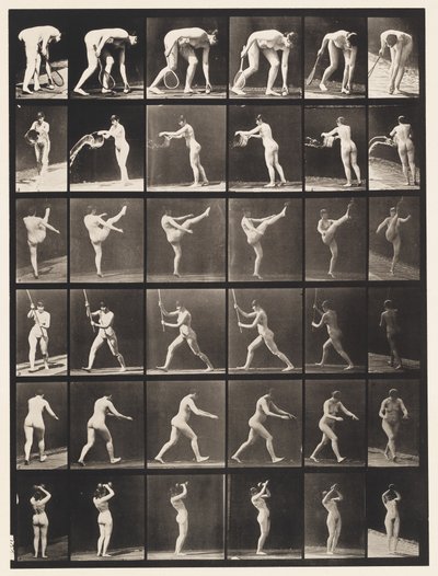 A, Ball heben; B, Eimer Wasser ausleeren von Eadweard Muybridge