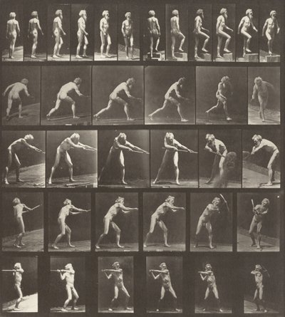 Tafel Nummer 521. A: Gehen. B: Eine Stufe hinaufsteigen. C: Den Diskus werfen. D: Eine Schaufel benutzen. E, F: Einen Pickel benutzen von Eadweard Muybridge