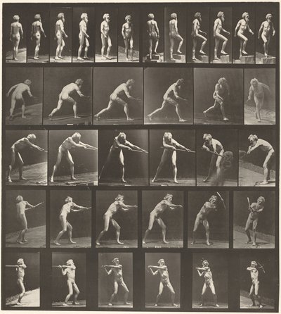 Tafel Nummer 521. A: Gehen. B: Stufe hinaufsteigen. C: Diskus werfen. D: Schaufel benutzen. E, F: Spitzhacke benutzen, 1887 von Eadweard Muybridge