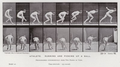 Die menschliche Figur in Bewegung: Athlet, der läuft und einen Ball aufhebt von Eadweard Muybridge