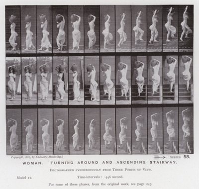 Die menschliche Figur in Bewegung: Frau, drehend und Treppe hinaufsteigend von Eadweard Muybridge