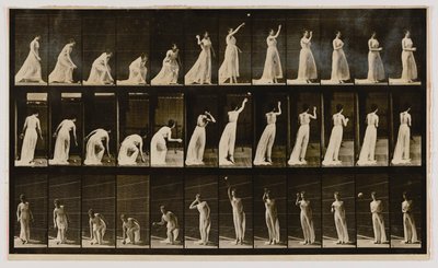 Frau, die einen Ball aufhebt und wirft, aus dem Buch Animal Locomotion von Eadweard Muybridge