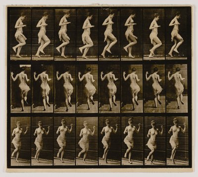 Frau hüpft auf einem Fuß, aus dem Buch Animal Locomotion von Eadweard Muybridge