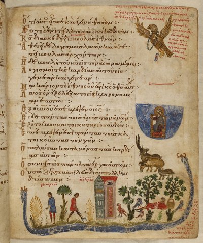 Adler, gesandt von Baruch; Gartenszene, aus Theodore Psalter von Eastern Mediterranean School