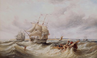 Ein Zweidecker verlässt den Hafen mit anderen Kriegsschiffen, die in der Reede ankern von Ebenezer Colls