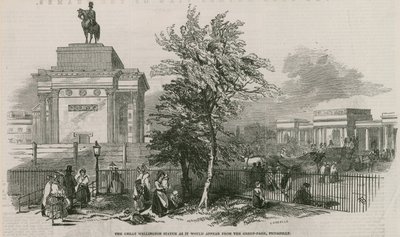 Die große Wellington-Statue und der Bogen, wie sie vom Green Park, Piccadilly, erscheinen würden von Ebenezer Landells