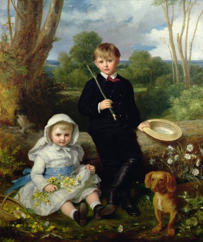 Porträt eines Bruders und einer Schwester mit ihrem Hund in einer bewaldeten Landschaft von Eden Upton Eddis