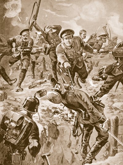 Korporal J. Davies und acht Männer vertreiben mit dem Bajonett eine Gruppe von Deutschen, die sie zuvor umzingelt hatten (Lithografie) von Edgar Alfred Holloway