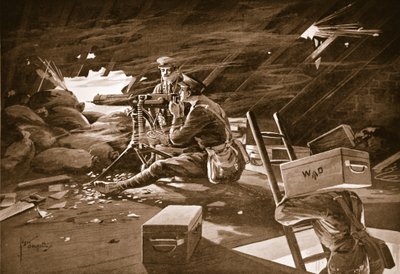 Korporal Windell zerschlägt den Angriff des Feindes mit dem Feuer seines Maschinengewehrs vom Dach eines Hauses in der Nähe von Neuve Chapelle von Edgar Alfred Holloway