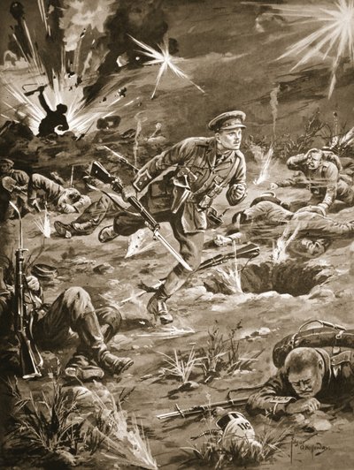 Leutnant Geary eilt unter schwerem Granatfeuer zu einem Graben rechts von Hill 60, um Kontakt mit einem Offizier aufzunehmen von Edgar Alfred Holloway