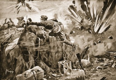 Private Jewson verlässt seinen Graben unter schwerem Beschuss, um die Verwundeten zu retten und die Toten zu bergen von Edgar Alfred Holloway