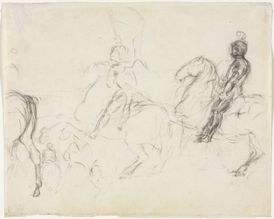 Kampfszene mit gepanzerten Figuren zu Pferd recto Zwei sitzende Frauen verso, 1856-1860 von Edgar Degas