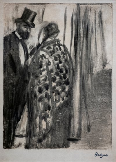 Gespräch (Ludovic Halevy und Madame Cardinal). Um 1876-1877. Monotypie mit schwarzer Tinte auf einem sekundären Trägerkarton des Künstlers. von Edgar Degas