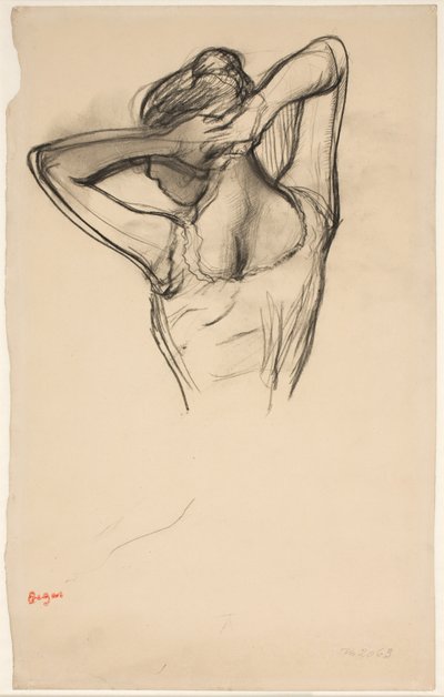 Tänzerin, die ihr Haar richtet; Halbfigur im Profil nach links, halb von hinten von Edgar Degas