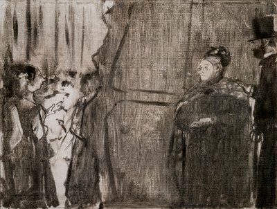 Treffen mit Ludivic Halevy und Madame Cardinal hinter den Kulissen. Um 1876-1877. Monotypie mit schwarzer Tinte. von Edgar Degas