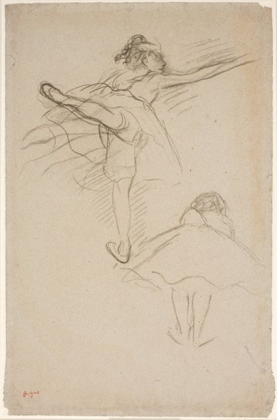 Zwei Studien von Tänzerinnen. Oben Tänzerin auf dem linken Bein stehend; unten nach vorne gebeugte Tänzerin von hinten gesehen von Edgar Degas